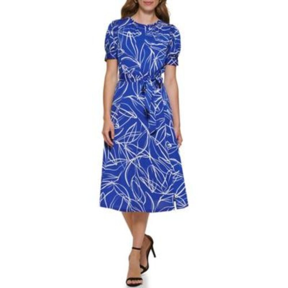 DKNY Women's Printed Puff-Sleeve Midi Dress - No belt